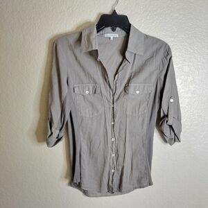 James Perse Three-Quarter Sleeve Contract Panel Button-Up Shirt Grey Sz 3/L